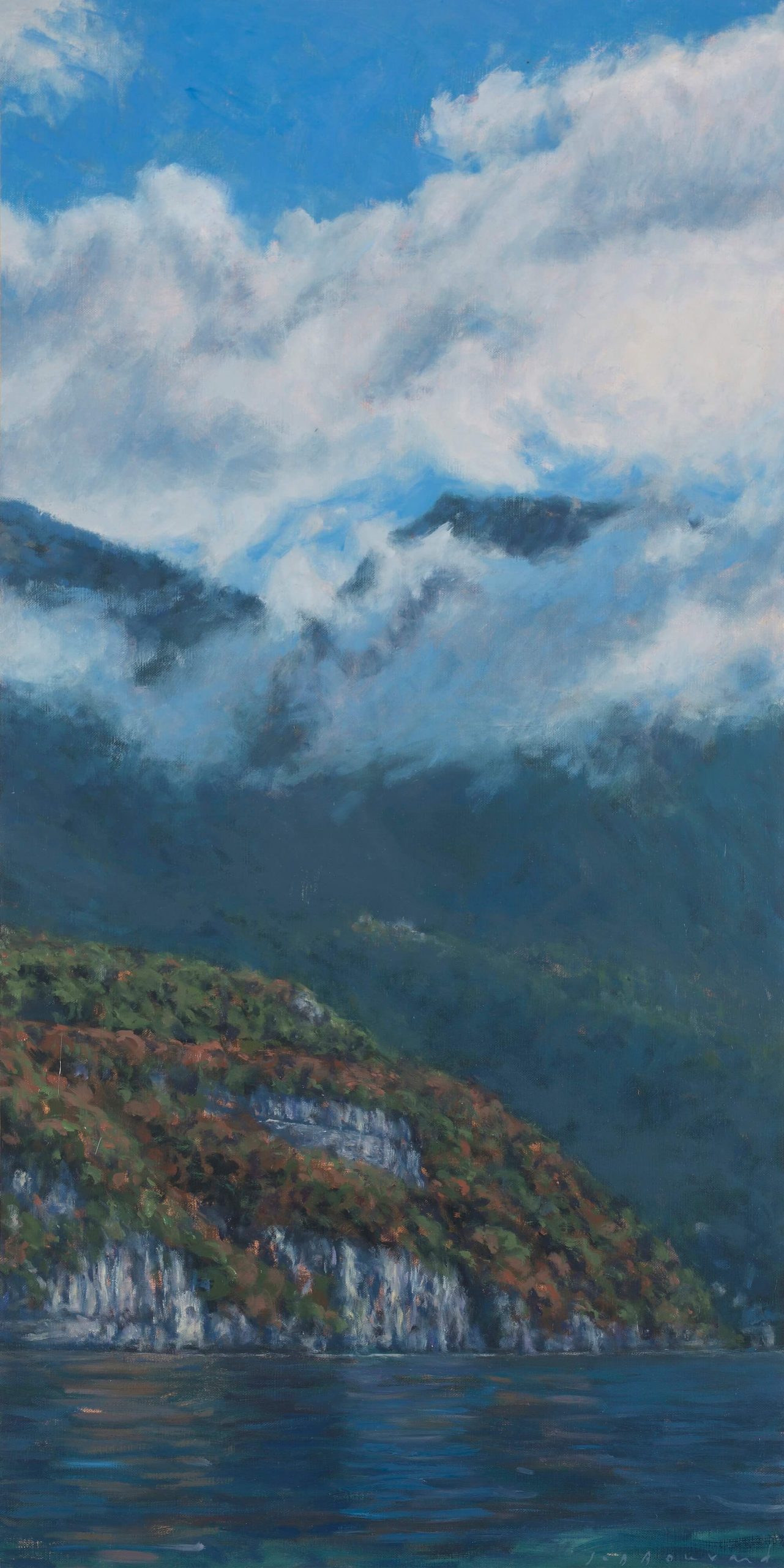 Lac, montagnes et nuages VII - huile sur toile - 100 x 50 cm