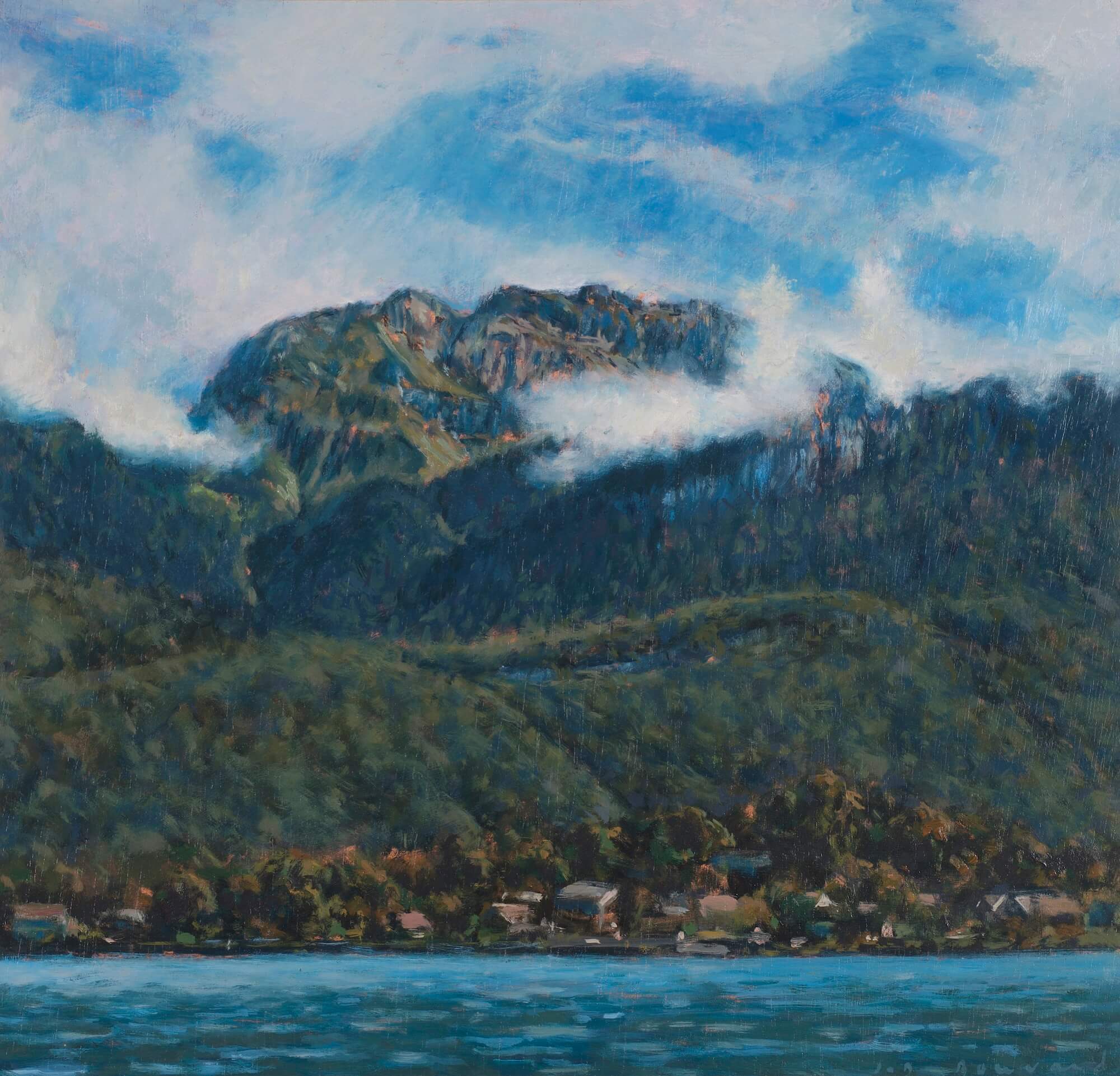 Lac, montagnes et nuages II - huile sur panneau - 50 x 50 cm