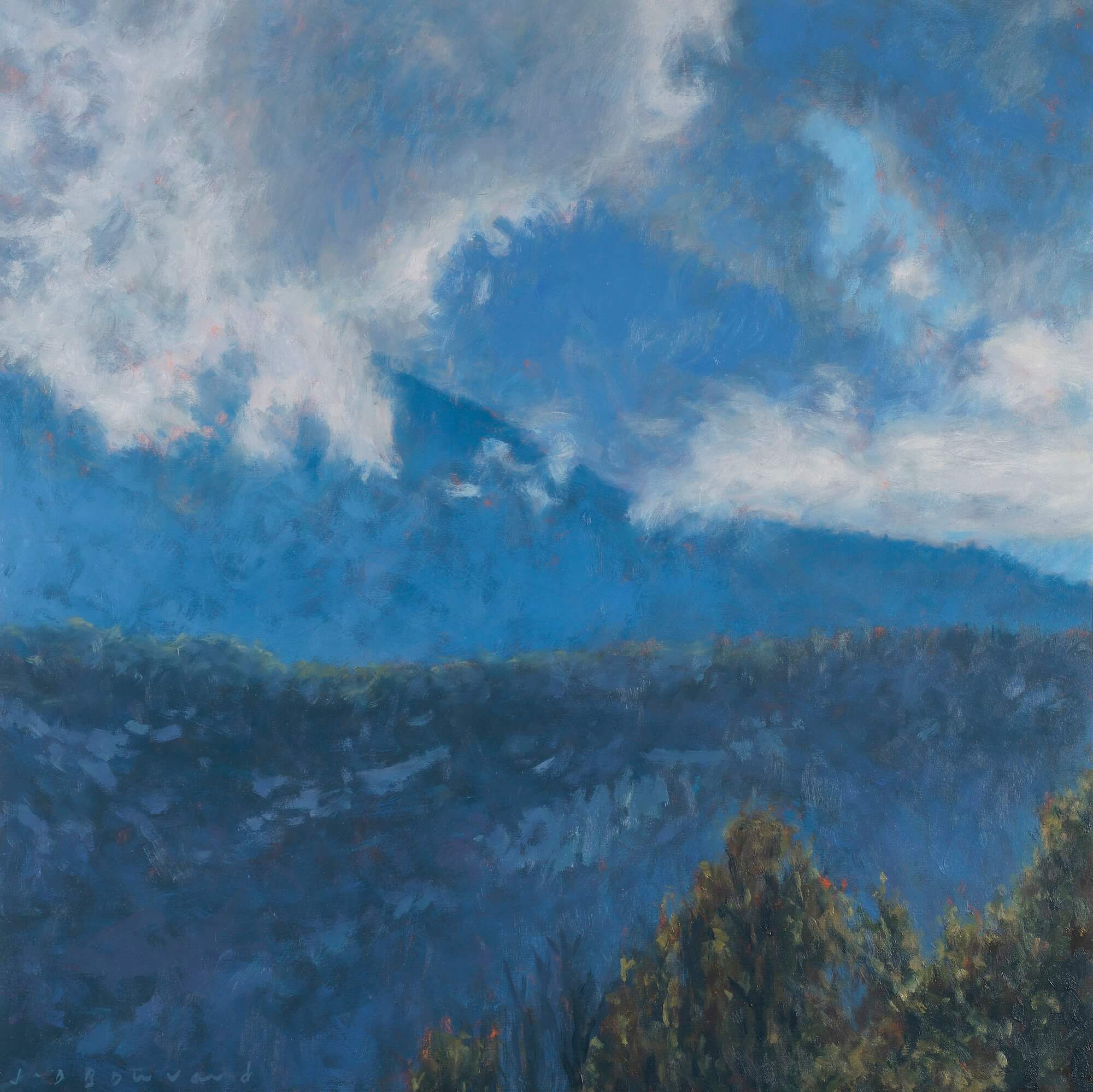 Arbres, montagnes et nuages II - huile papier entoilé - 50 x 50 cm
