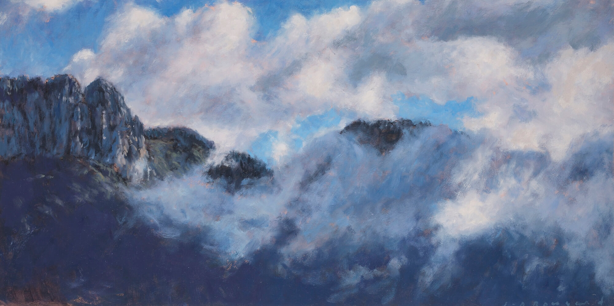 Montagnes et nuages VI - huile sur carton - 30 x 60 cm