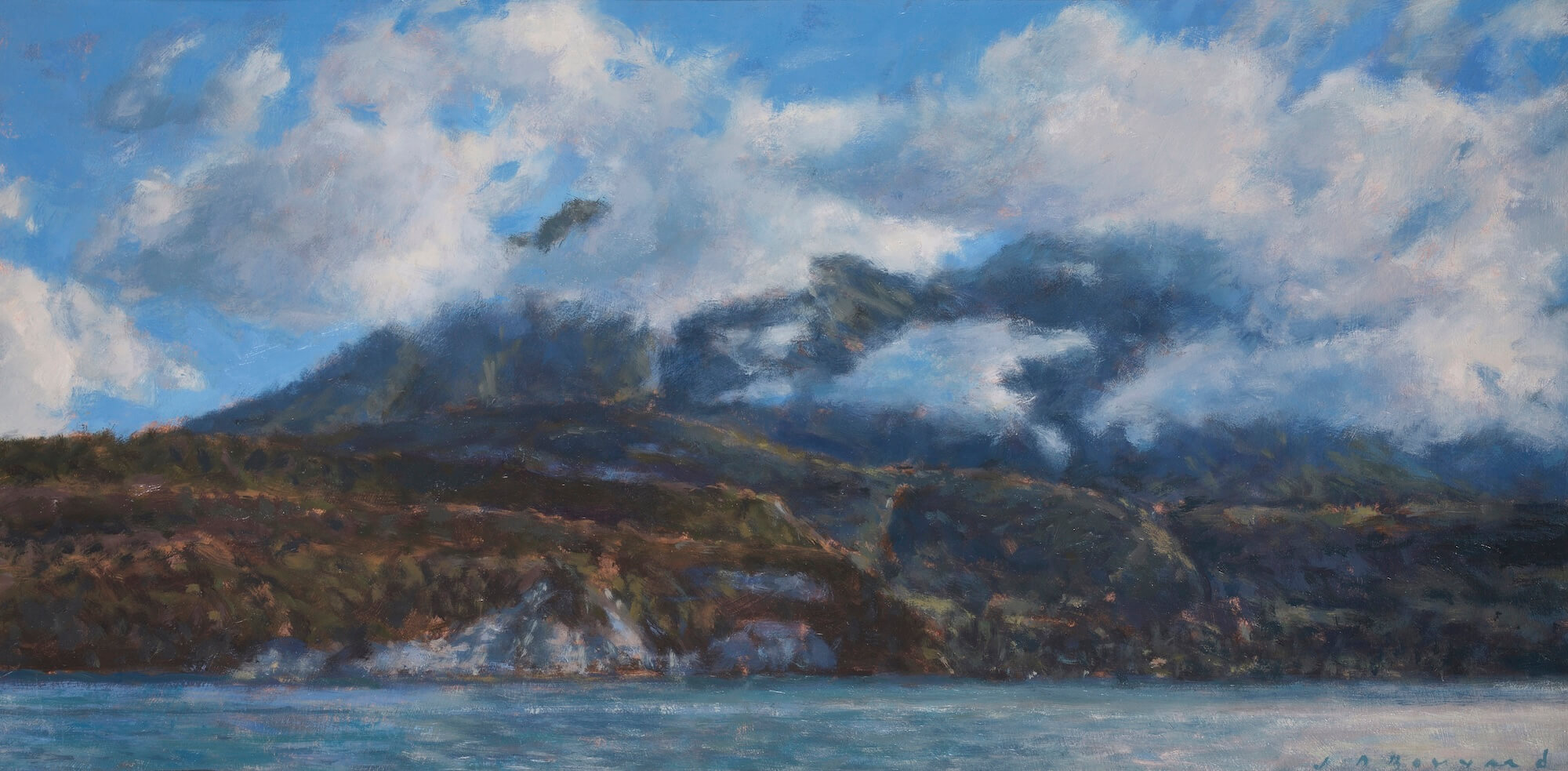 Lac, montagnes et nuages III - huile sur carton - 25 x 50 cm