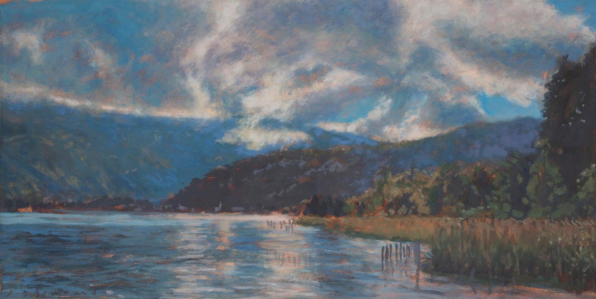Lac, montagnes et nuages XII - gouache sur papier entoilé - 33 x 65 cm