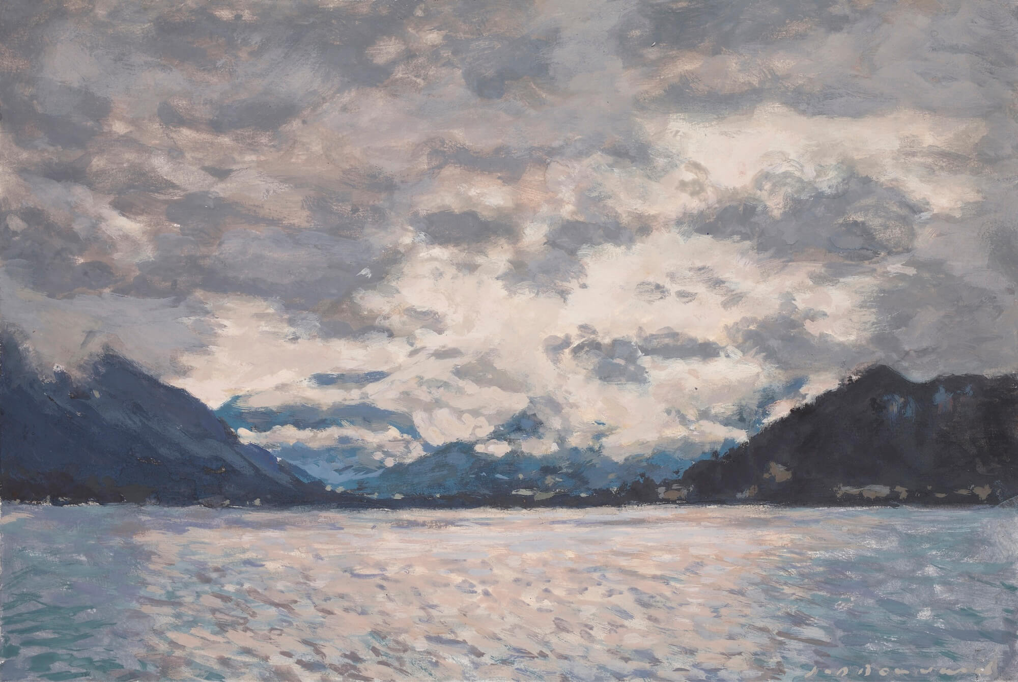 Lac, montagnes et nuages XVI - gouache sur papier - 29,5 x 41,7 cm