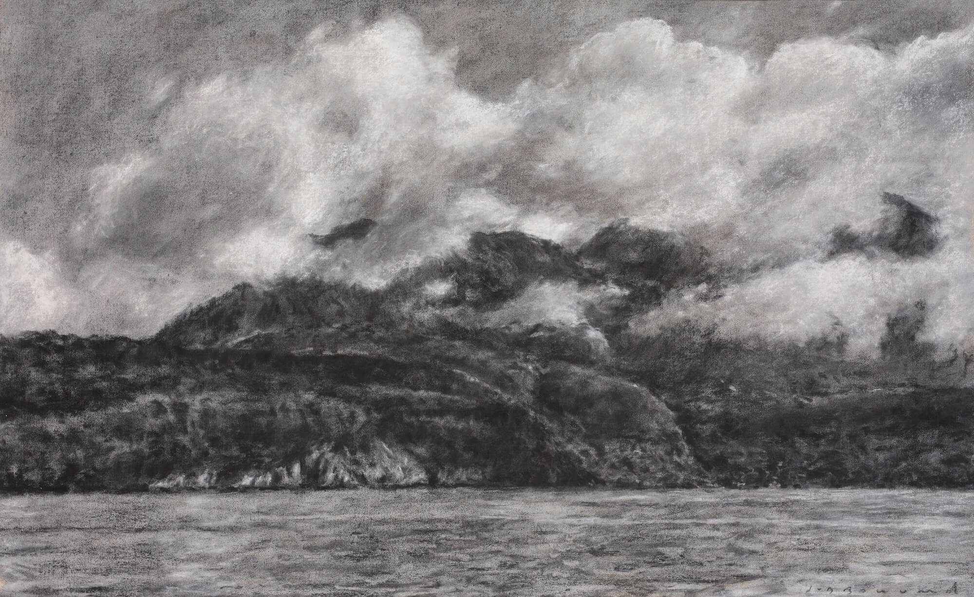 Lac, montagnes et nuages XX - fusain sur toile - 37,5 x 60,5 cm