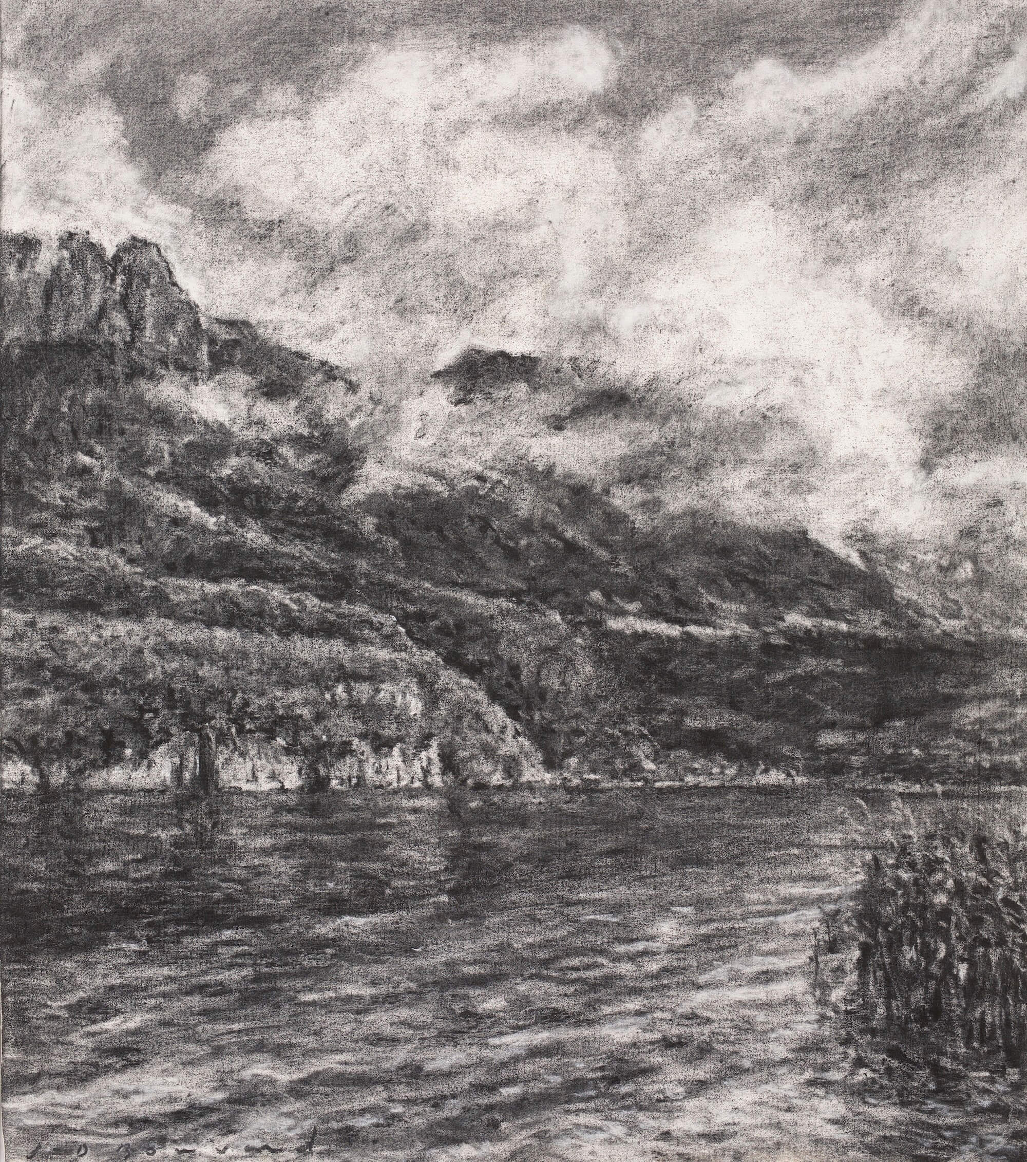Lac, montagnes et nuages XVII - fusain sur toile - 40 x 35 cm