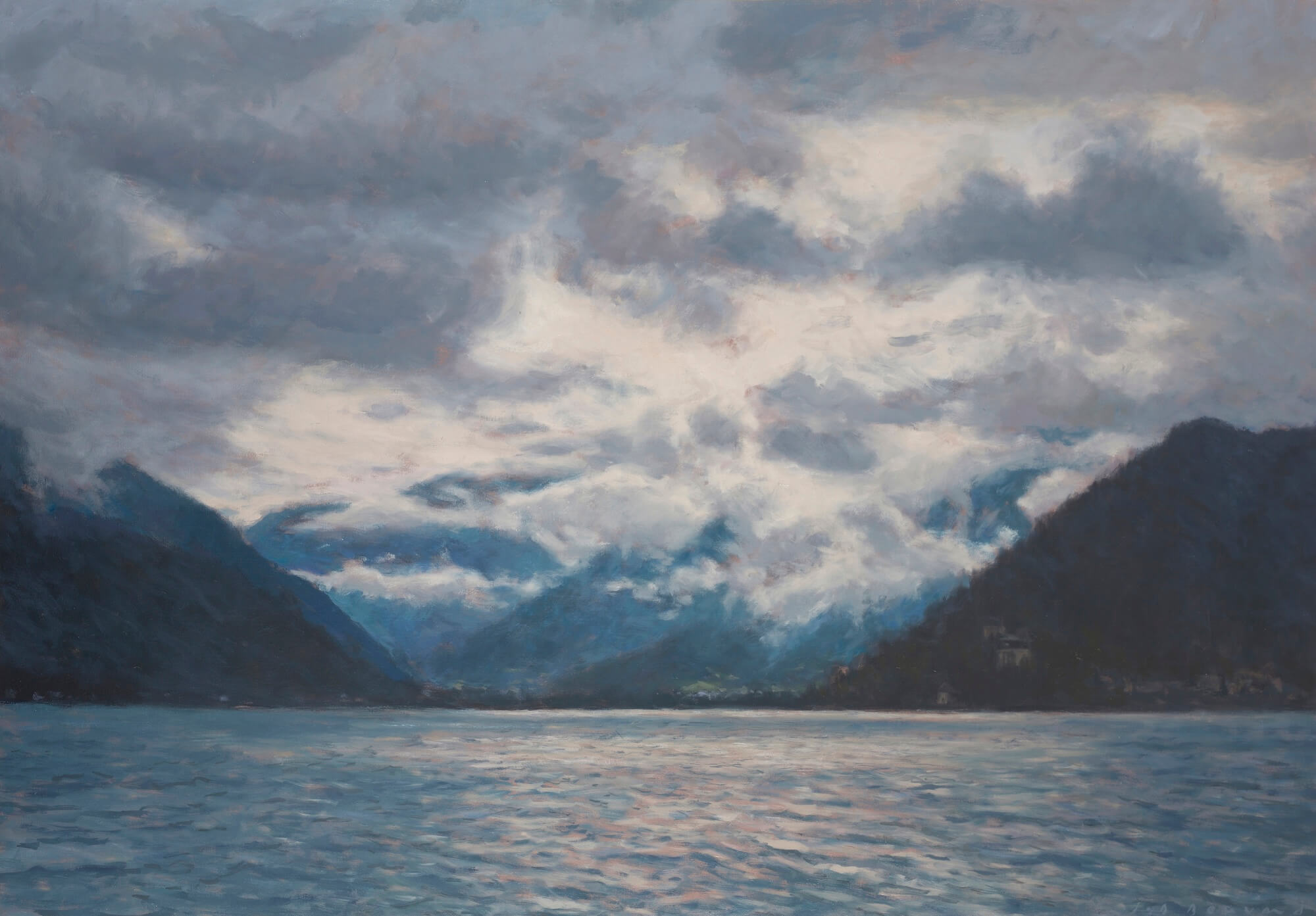 Lac, montagnes et nuages XV - huile sur toile - 81 x 116 cm