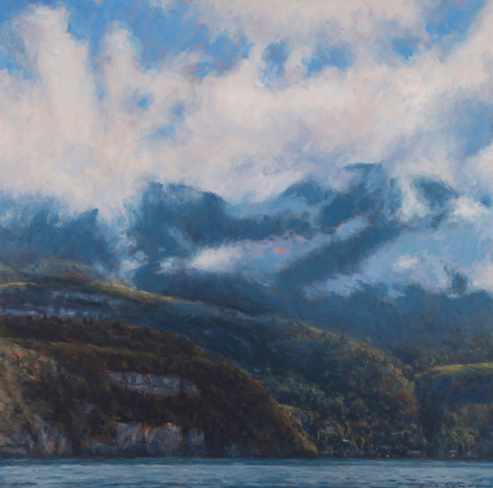 Lac, montagnes et nuages I - huile sur toile - 80 x 80 cm