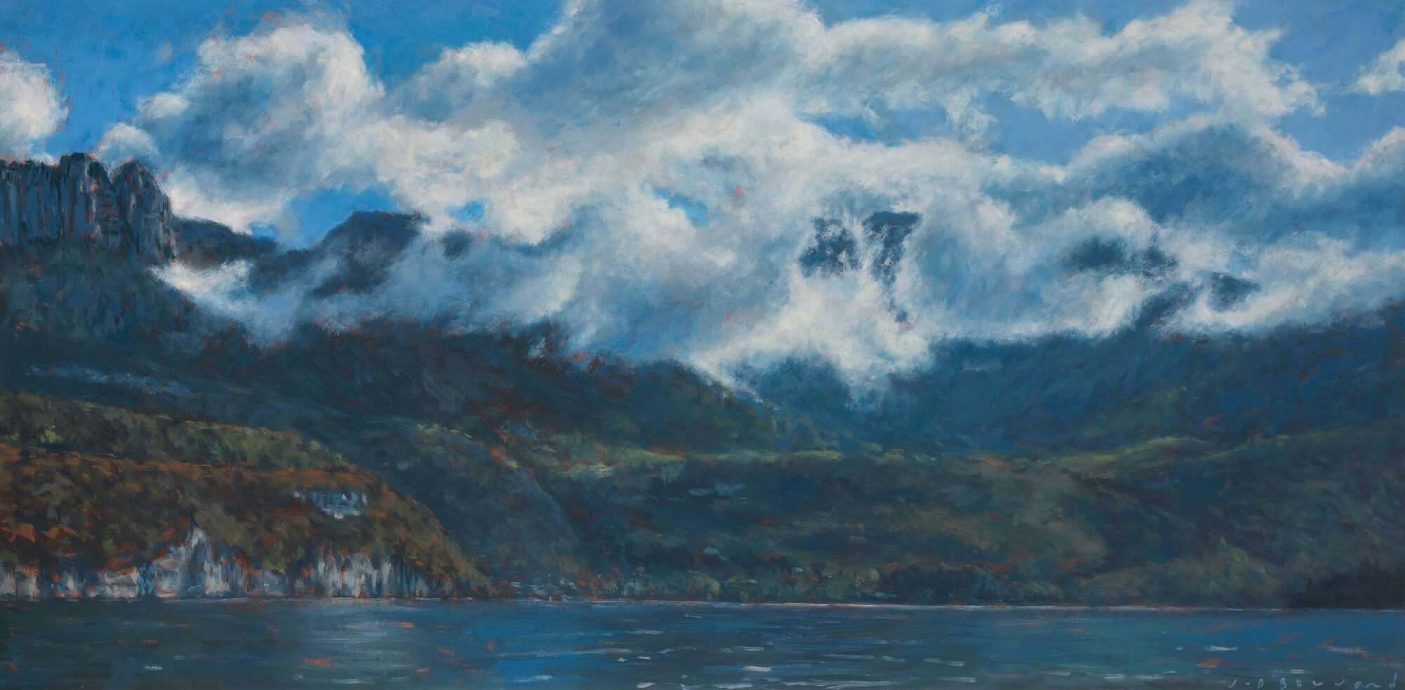 Lac, montagnes et nuages III - huile sur carton - 25 x 50 cm