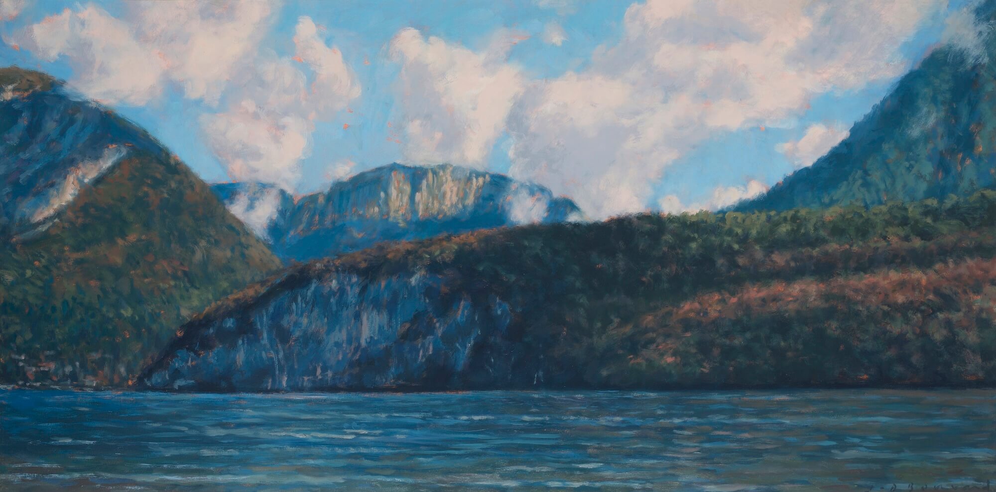 Lac, montagnes et nuages X - huile sur papier entoilé - 50 x 100 cm