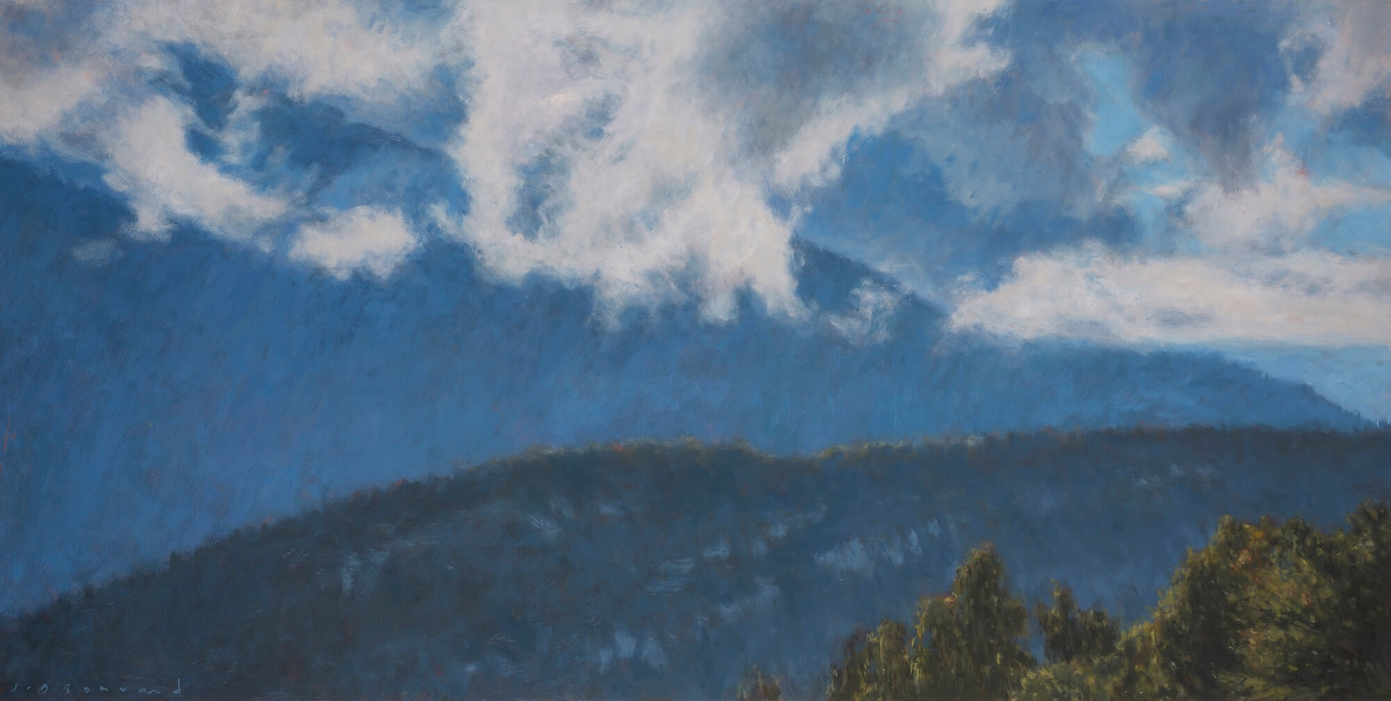 Arbres, montagnes et nuages I - huile sur papier entoilé - 50 x 100 cm