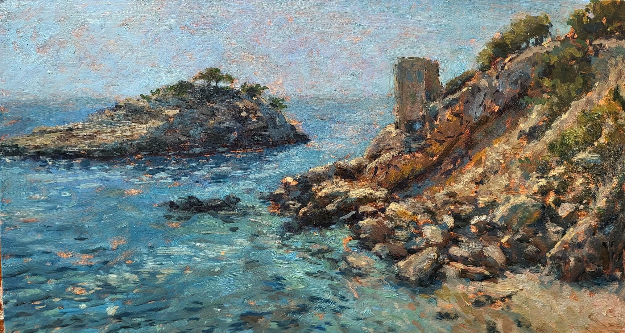 Île et calanque - huile sur carton - 19 x 35 cm