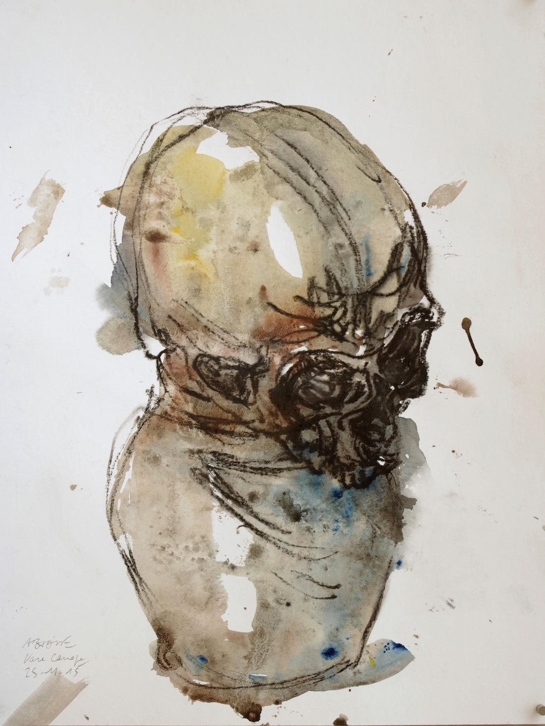 Vase canope - 2015 - pierre noire et aquarelle sur papier - 40 × 30 cm