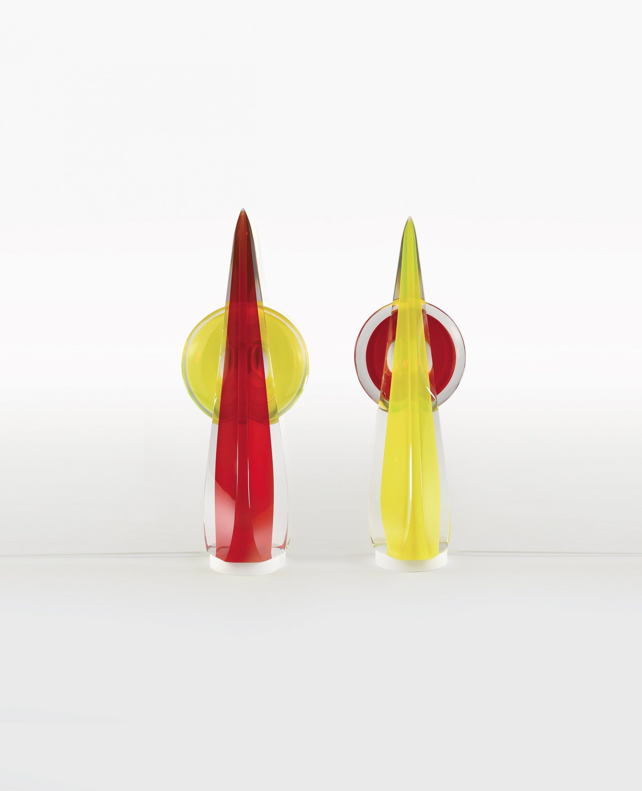 DOS - ANGELICO RED LIGHT - ANGELICO YELLOW LIGHT - Verre de Mu rano- H 52 D 19 cm - H 48 D 16 cm, base en bois laquée LED