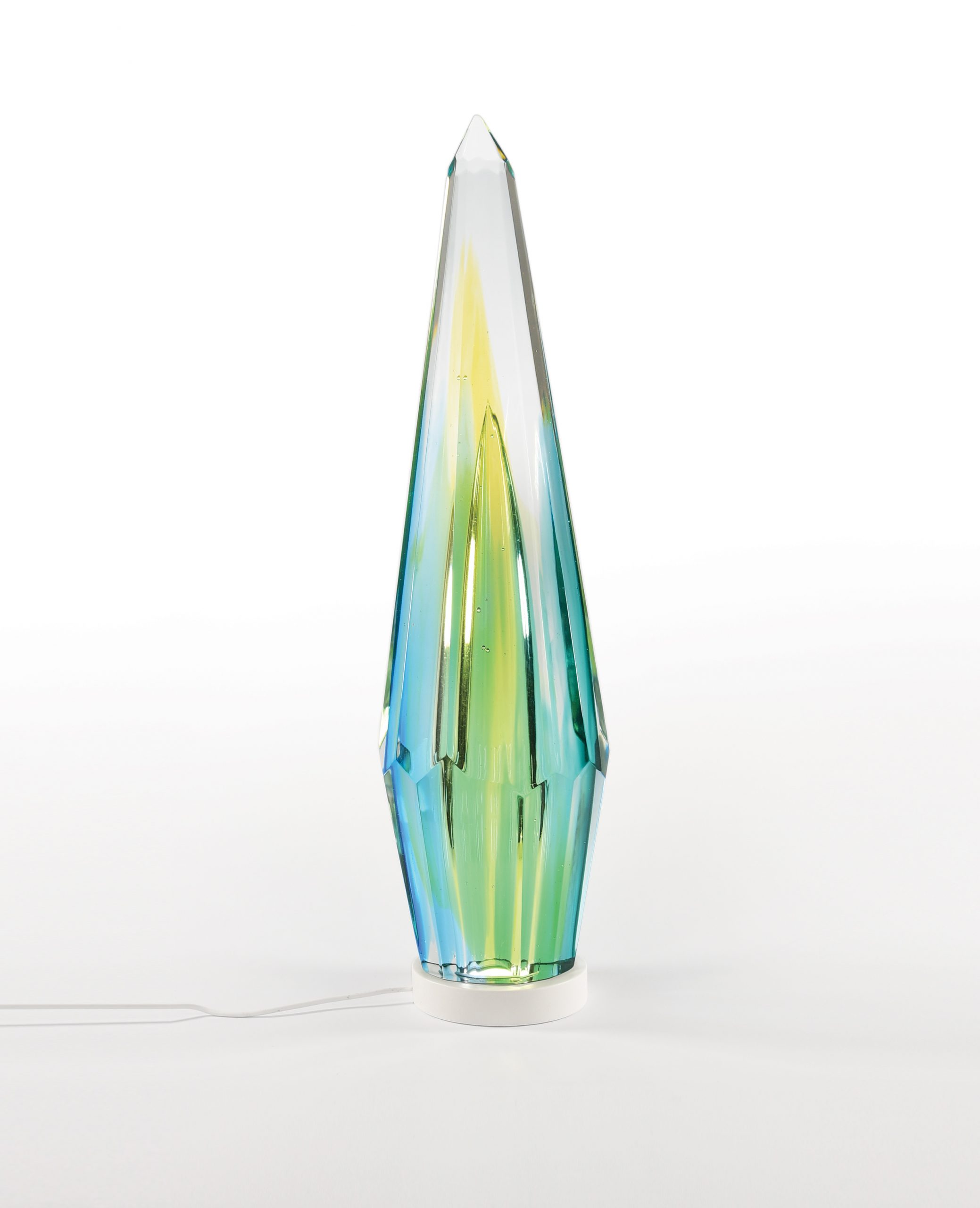 LIGHT GREEN BRUSH - Verre de Murano -H 52 D 13 cm, base en bois laquee LED