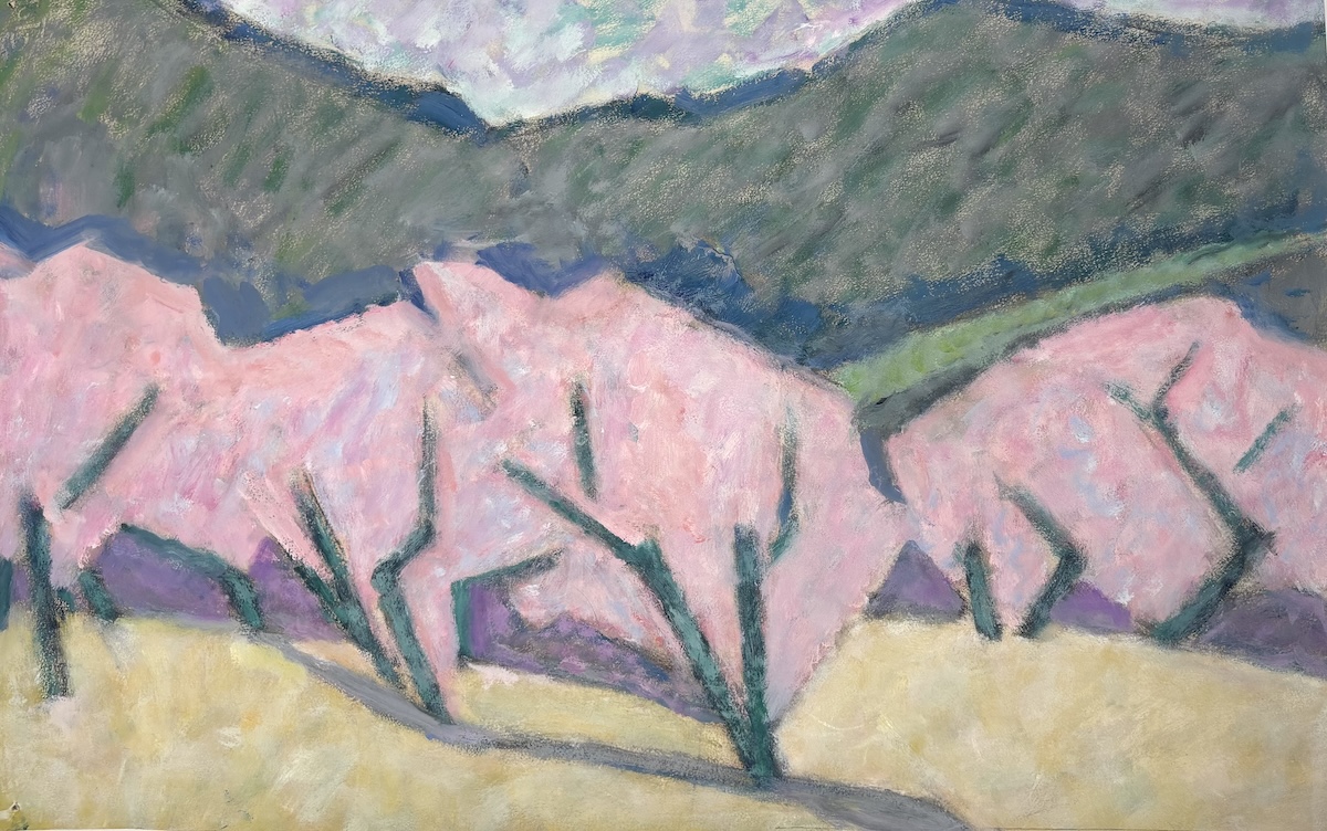 Amandiers près de Jalon - code 1248 - ca 2000 - huile sur papier - 38,5 x 60 cm