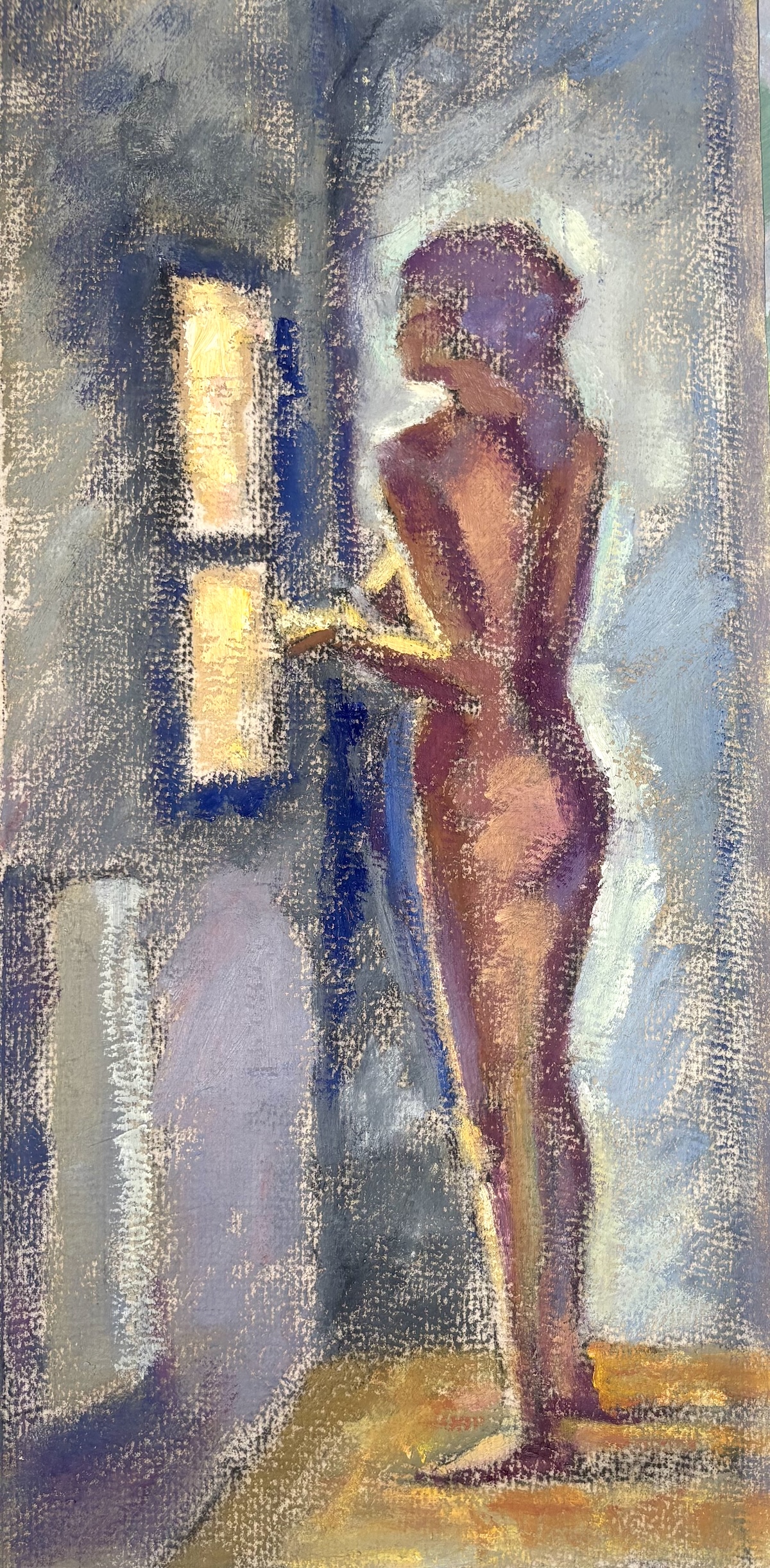 Anne devant la fenêtre - code 1211 - 2005 - huile sur papier - 48 x 23,5 cm